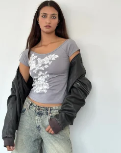 Motel Rocks Basic Tops-Charya Off the Shoulder Top in Grey Floral Lace GreyFloralLace