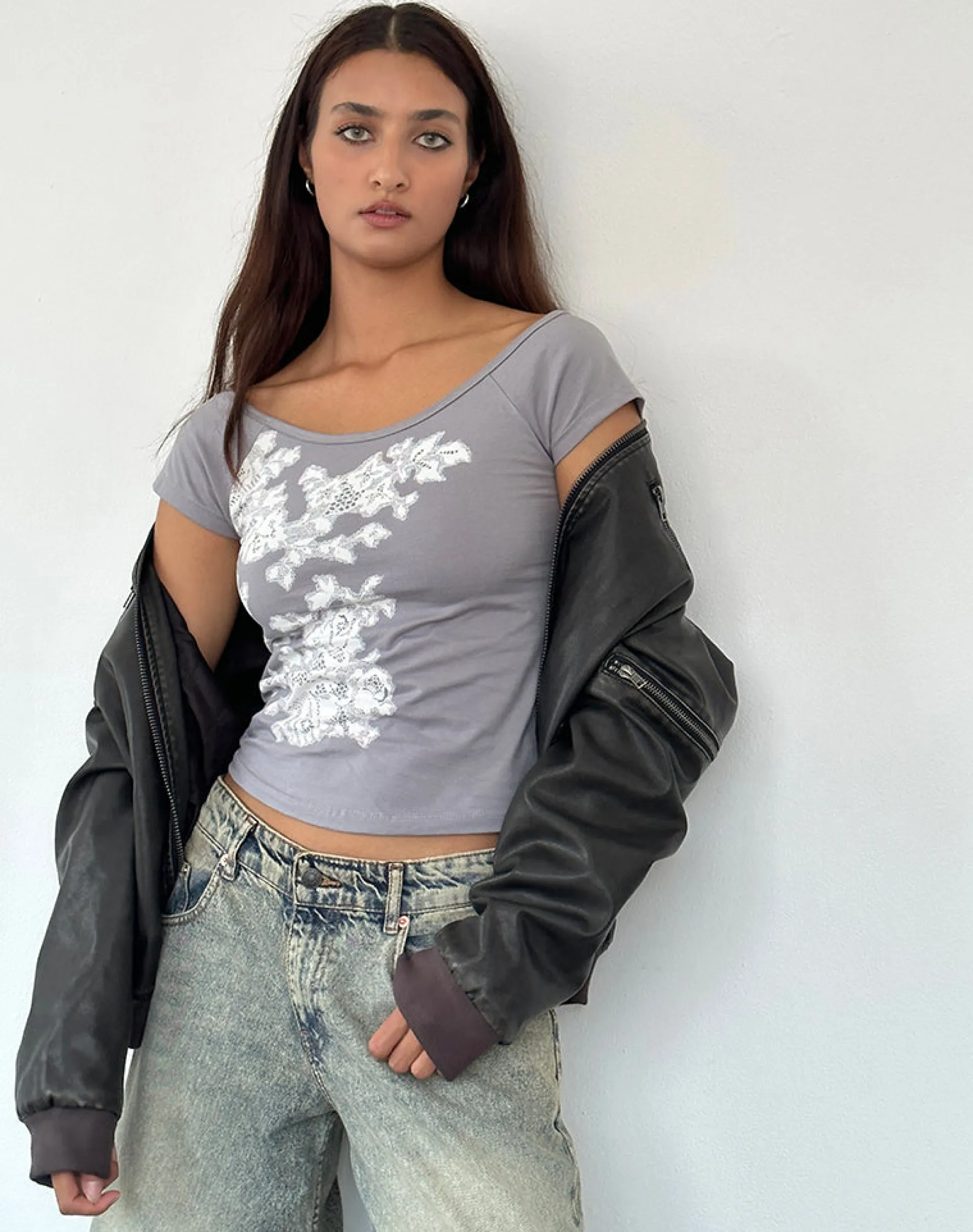 Motel Rocks Basic Tops-Charya Off the Shoulder Top in Grey Floral Lace GreyFloralLace