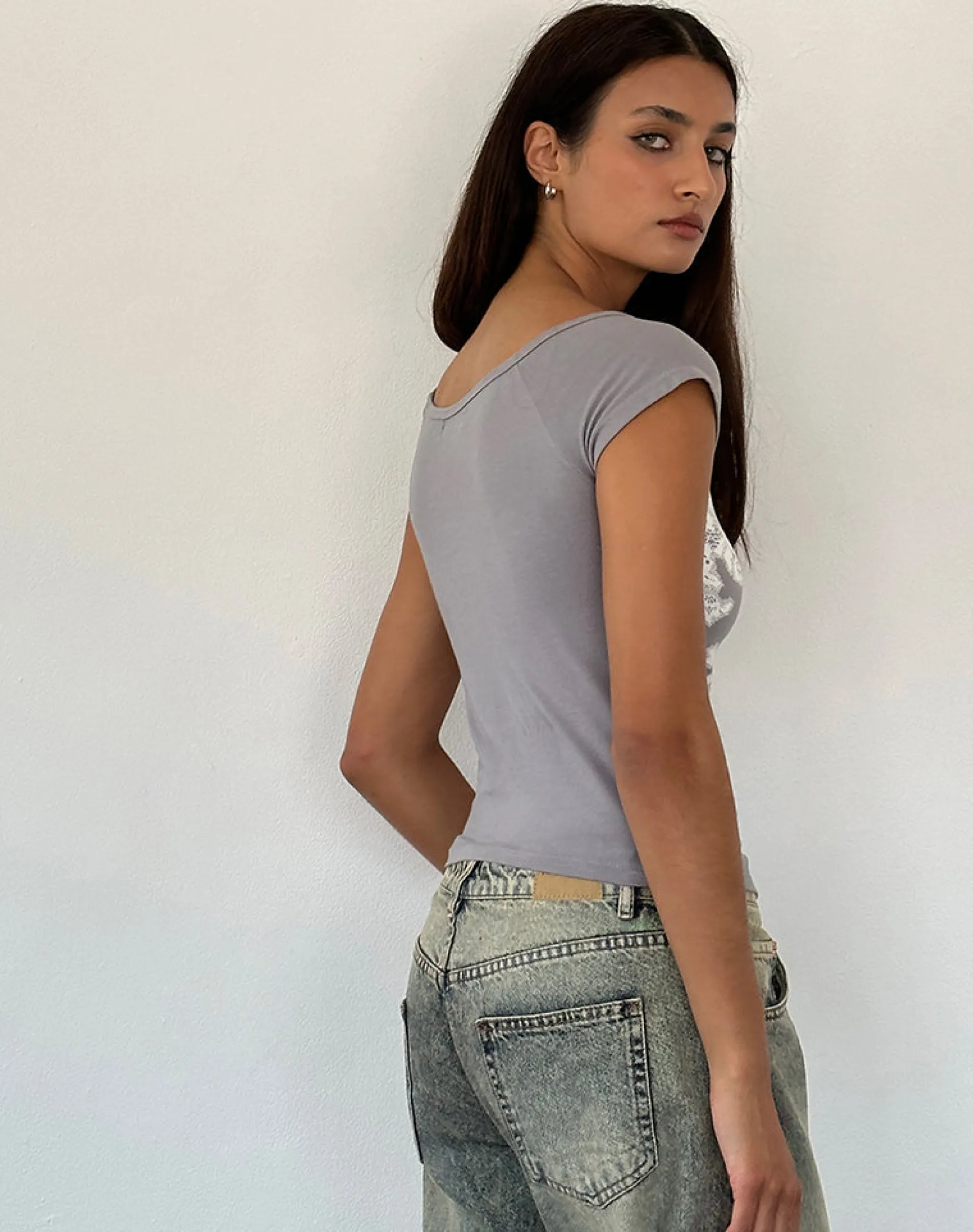 Motel Rocks Basic Tops-Charya Off the Shoulder Top in Grey Floral Lace GreyFloralLace
