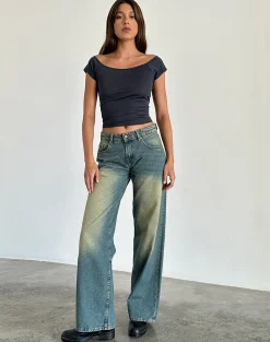 Motel Rocks Basic Tops-Charya Off The Shoulder Top in Ocean Storm OceanStorm