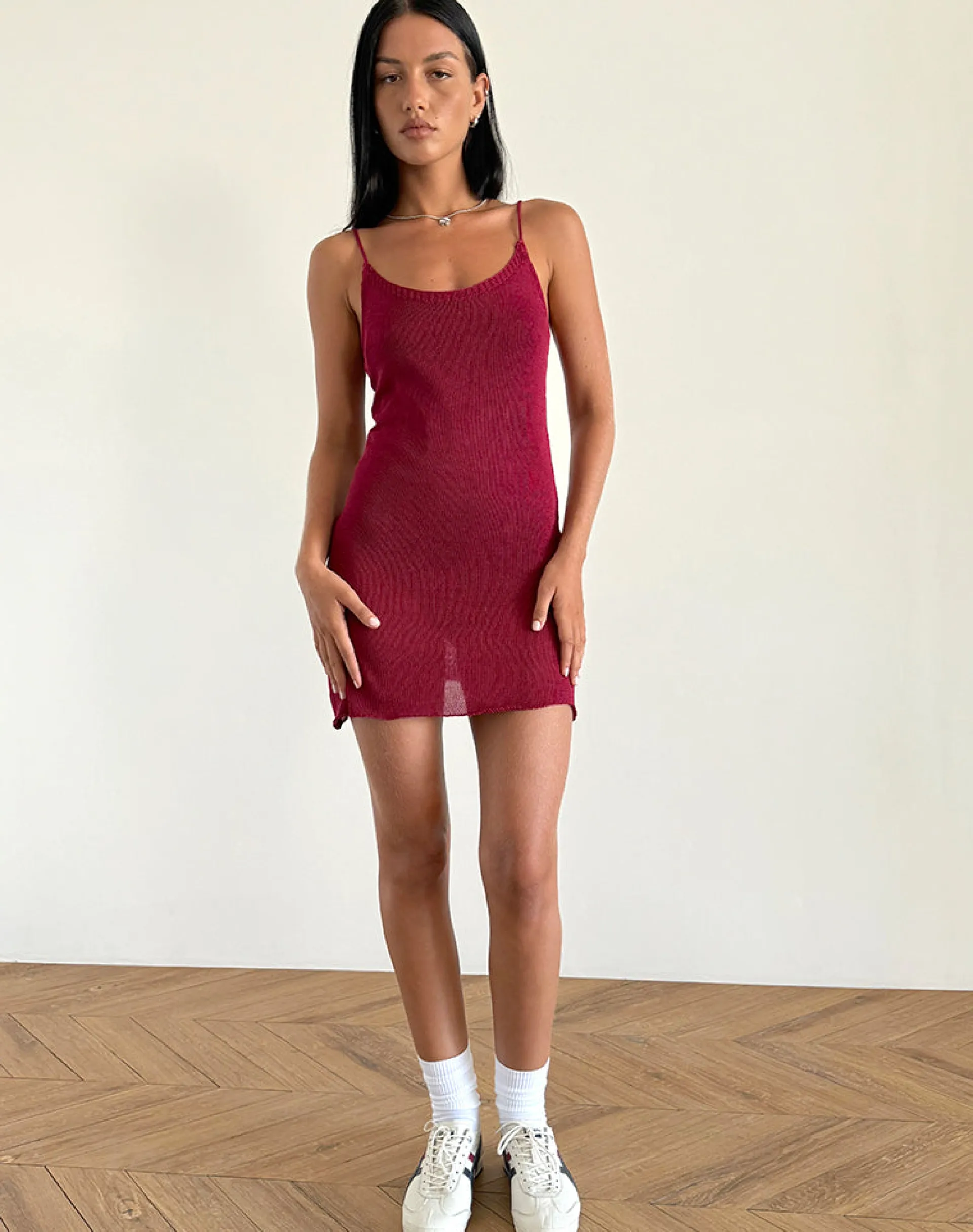 Motel Rocks Mini Dresses-Chiara Mini Dress in Sheer Knit Red SheerKnitRed