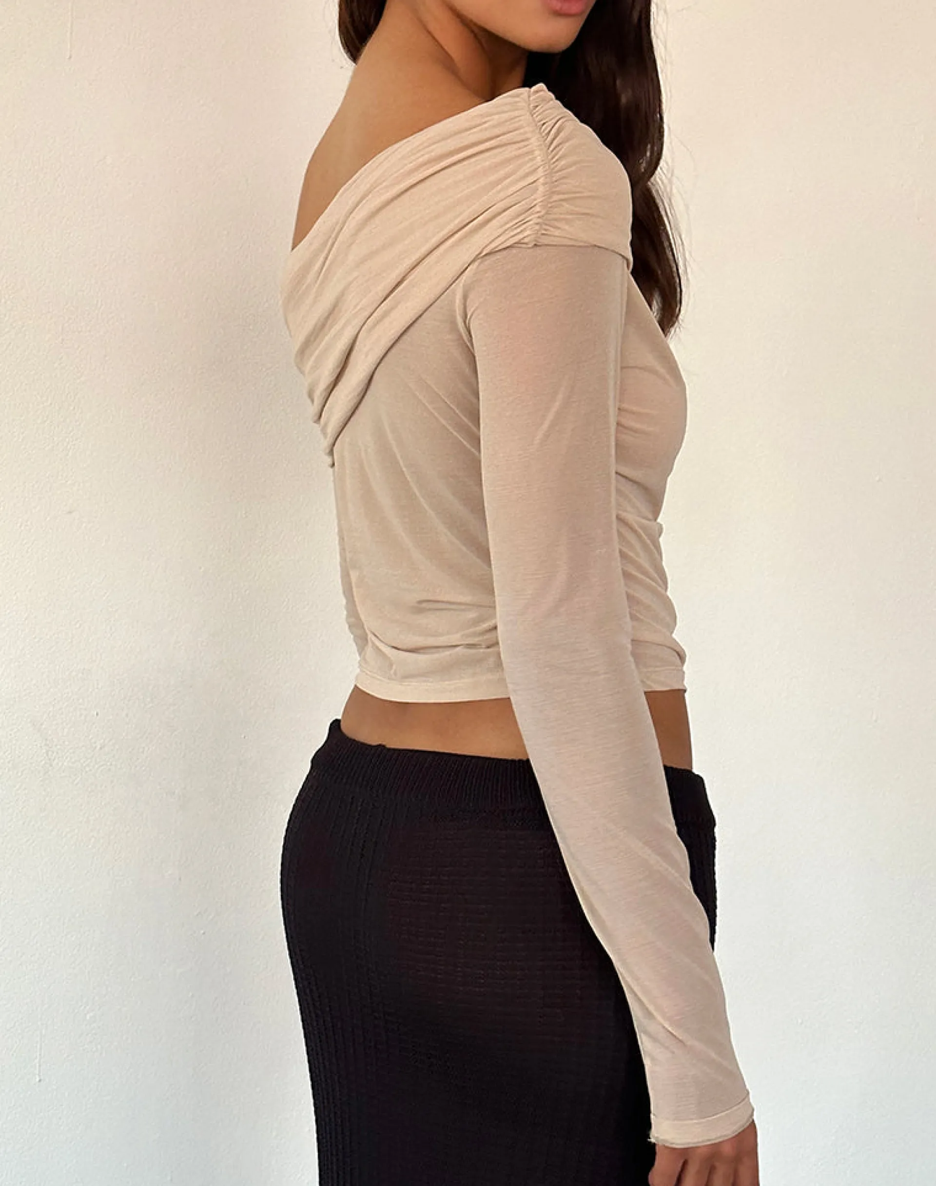 Motel Rocks Long Sleeve Tops | Going Out Tops-Chidi Sheer Mesh Bardot Top in Camel