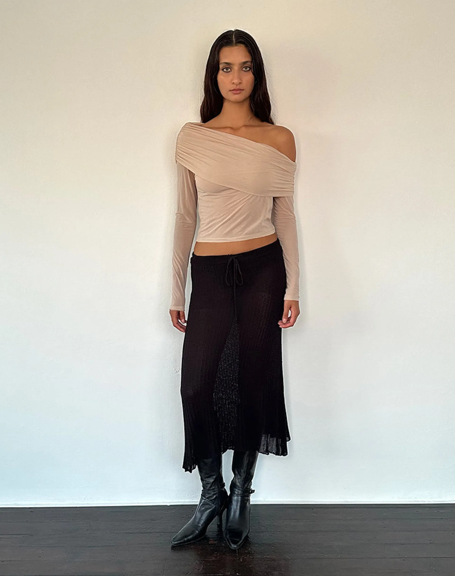 Motel Rocks Long Sleeve Tops | Going Out Tops-Chidi Sheer Mesh Bardot Top in Camel