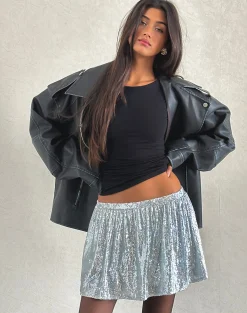 Motel Rocks Mini Skirts-Chima Mini Skirt in Sequin Silver Chrome