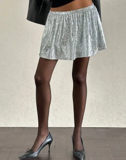 Motel Rocks Mini Skirts-Chima Mini Skirt in Sequin Silver Chrome