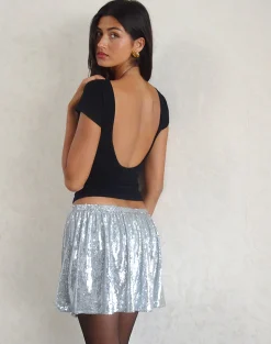 Motel Rocks Mini Skirts-Chima Mini Skirt in Sequin Silver Chrome