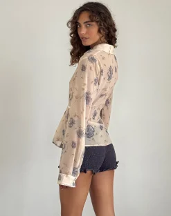 Motel Rocks Co-Ords | Printed Tops-Christabel Shirt in Wild Rose Blue wildroseblue