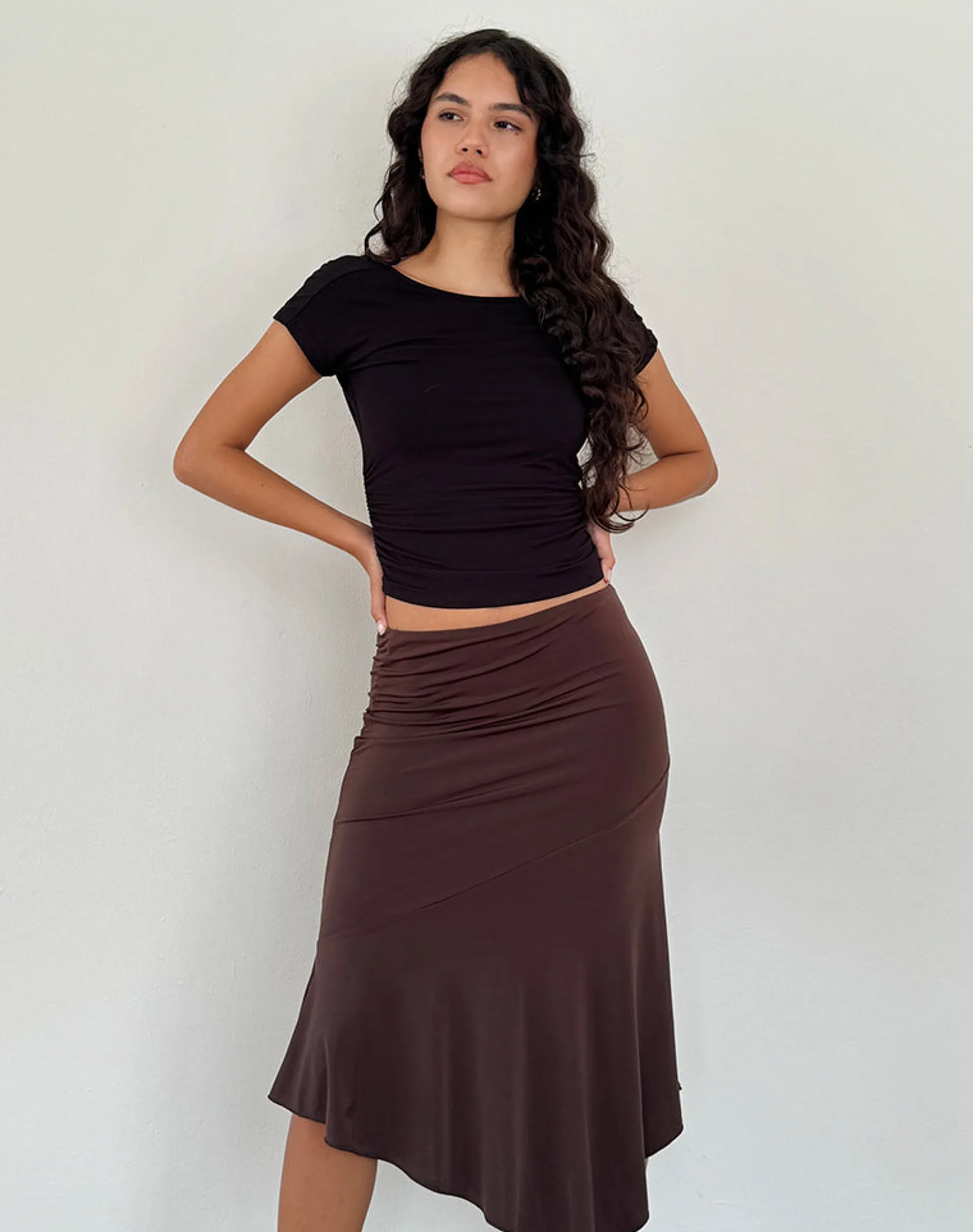 Motel Rocks Basics | Midi Skirts-Cinta Low Rise Midi Skirt in Chocolate