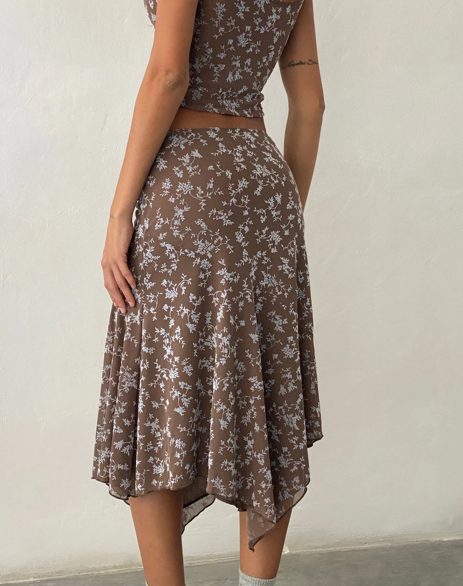 Motel Rocks A Line Skirts-Cinta Low Rise Midi Skirt in Botanist Flock Dark Taupe botanistflockdarktaupe