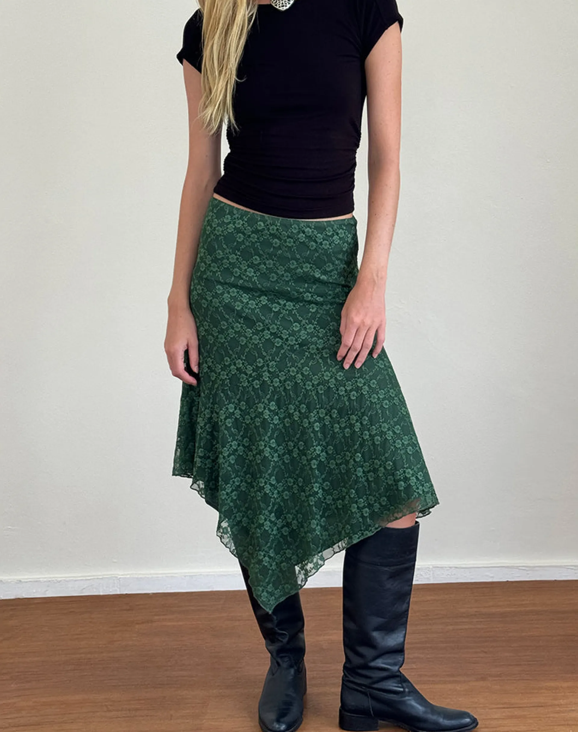 Motel Rocks A Line Skirts | Midi Skirts-Cinta Midi Skirt in Sage Canina Rose Lace SageCaninaRoseLace