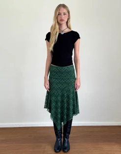 Motel Rocks A Line Skirts | Midi Skirts-Cinta Midi Skirt in Sage Canina Rose Lace SageCaninaRoseLace