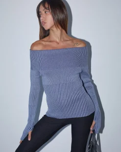 Motel Rocks Jumpers | Long Sleeve Tops-Circe Knitted Bardot Jumper in Two Tone Blue TwoToneBlue