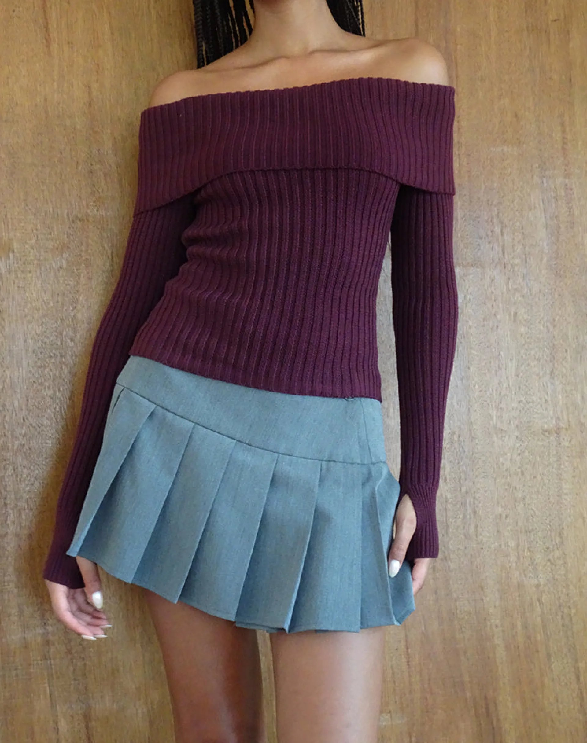 Motel Rocks Basics | Jumpers-Circe Knitted Bardot Jumper in Burgundy