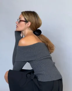 Motel Rocks Jumpers | Long Sleeve Tops-Circe Knitted Bardot Jumper in Dark Charcoal DarkCharcoal