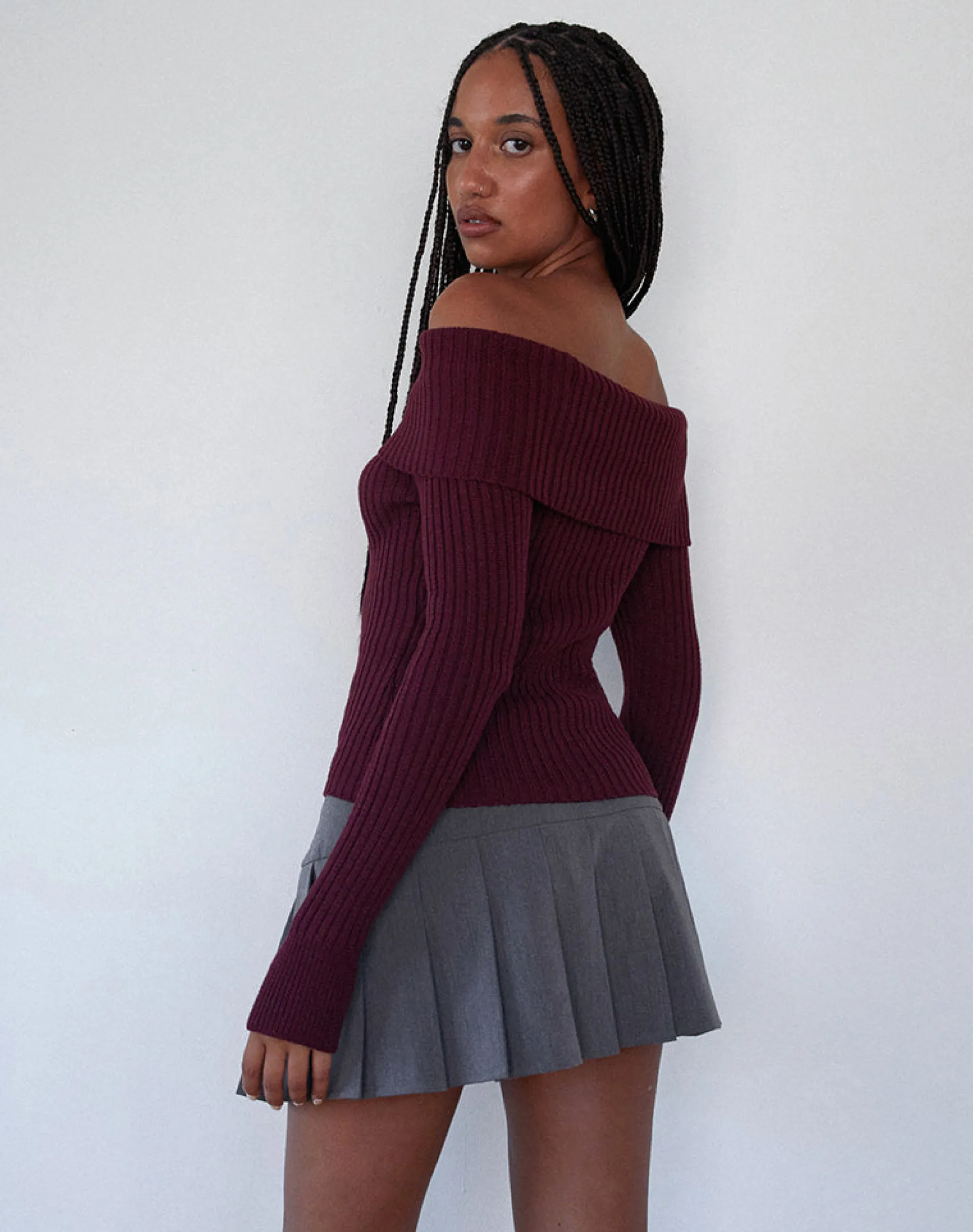 Motel Rocks Basics | Jumpers-Circe Knitted Bardot Jumper in Burgundy