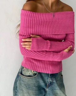 Motel Rocks Jumpers | Long Sleeve Tops-Circe Off-Shoulder Long Sleeve Knit Top in Hot Pink hotpink