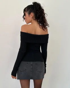 Motel Rocks Jumpers-Circe Off-Shoulder Long Sleeve Knit Top in Black