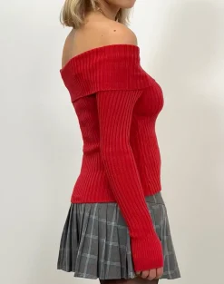 Motel Rocks Long Sleeve Tops-Circe Off-Shoulder Long Sleeve Knit To in Red