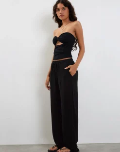 Motel Rocks Basics-Cisa Wide Leg Trouser in Crinkle Black
