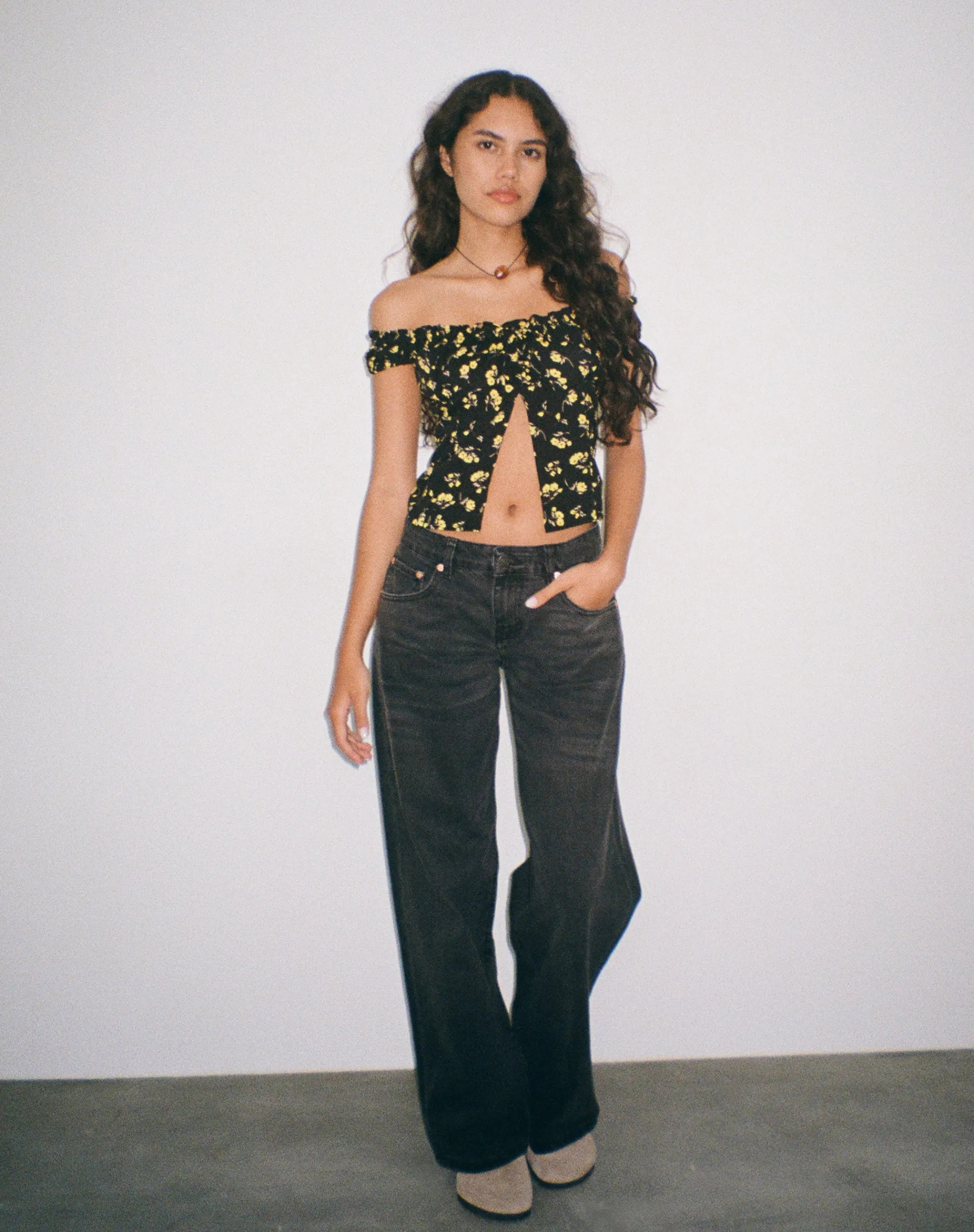 Motel Rocks Printed Tops-Citra Bardot Frill Top in Buttercup Black Yellow ButtercupBlackYellow