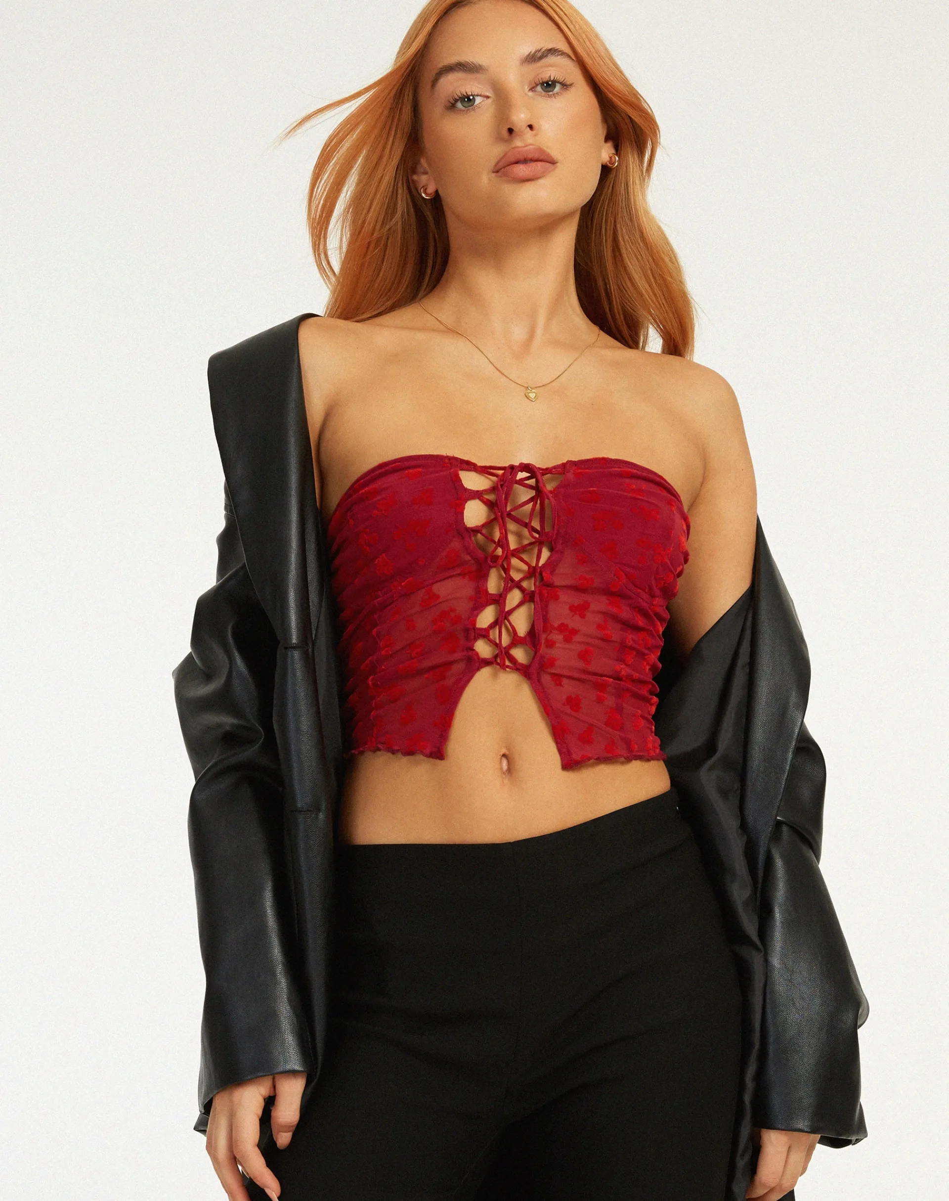 Motel Rocks Bandeau Tops-Claryn Corset Top in Red Flock Mesh RedFlockMesh