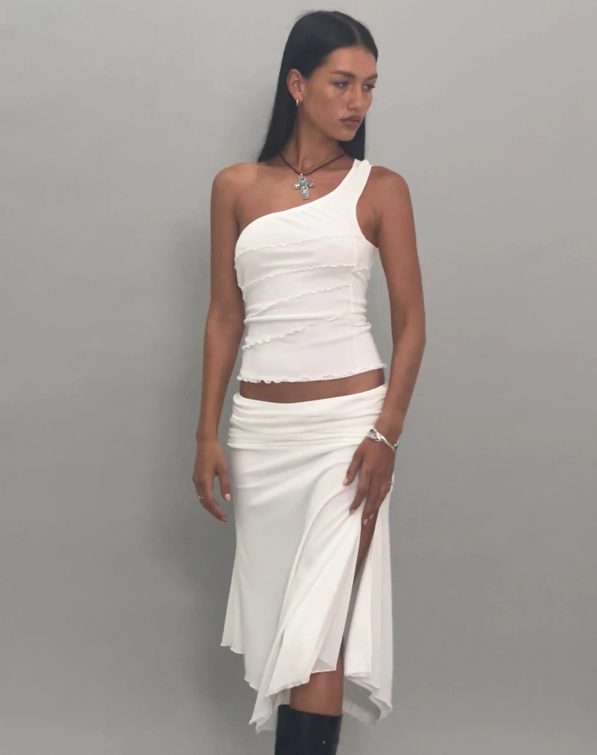 Motel Rocks Going Out Tops-Cochise Seam Detail One Shoulder Mesh Top in Ivory