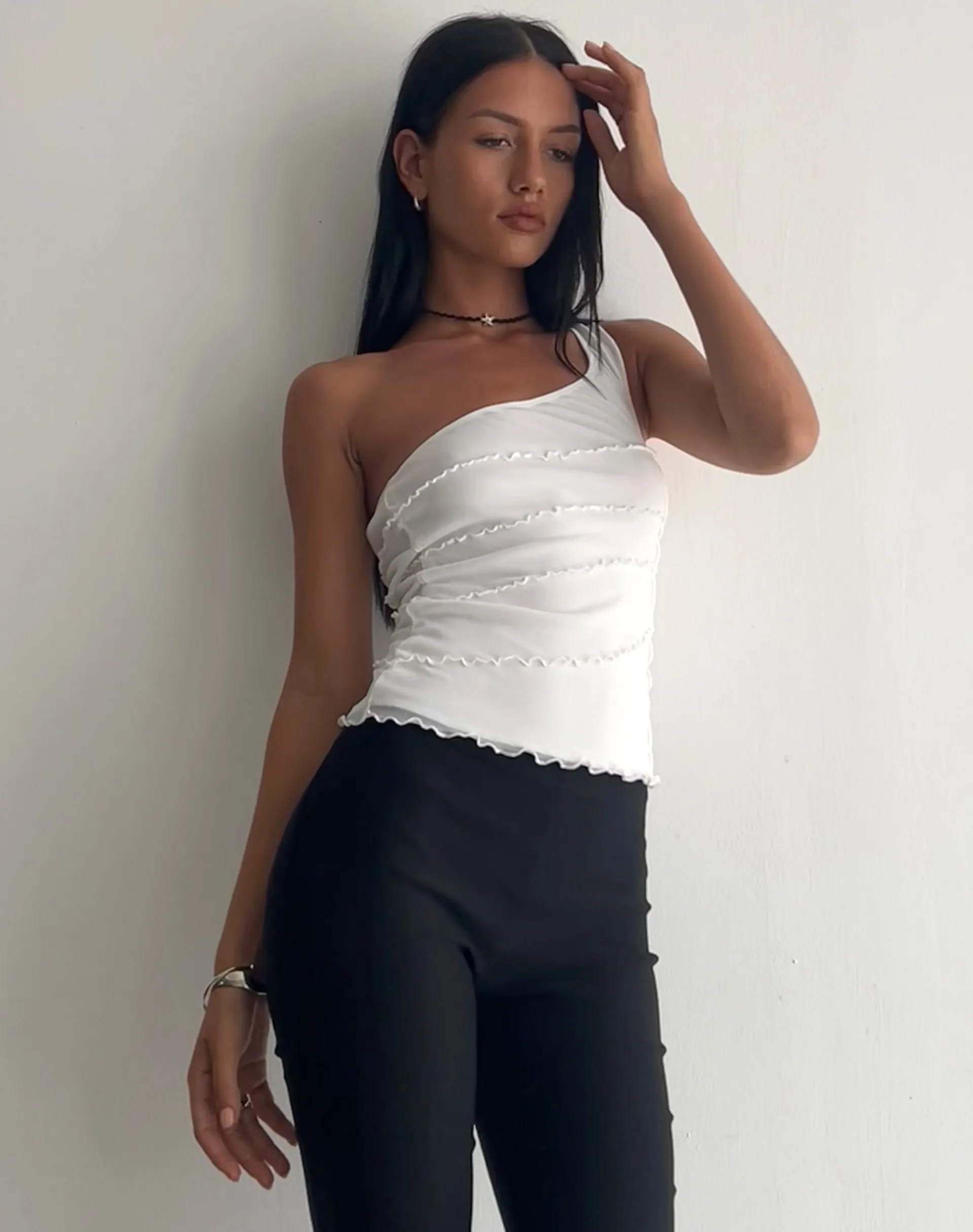 Motel Rocks Going Out Tops-Cochise Seam Detail One Shoulder Mesh Top in Ivory