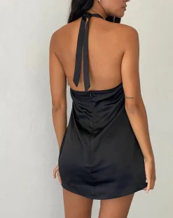 Motel Rocks Little Black Dresses | Party Dresses-Coda Slip Dress in Satin Black SatinBlack