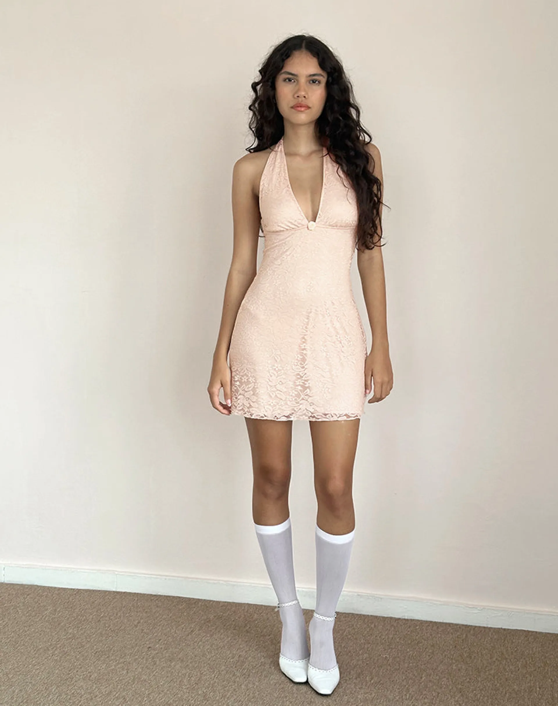 Motel Rocks Day Dresses | Bodycon Dresses-Codami Halterneck Mini Dress in Lace Lotus Pink LaceLotusPink
