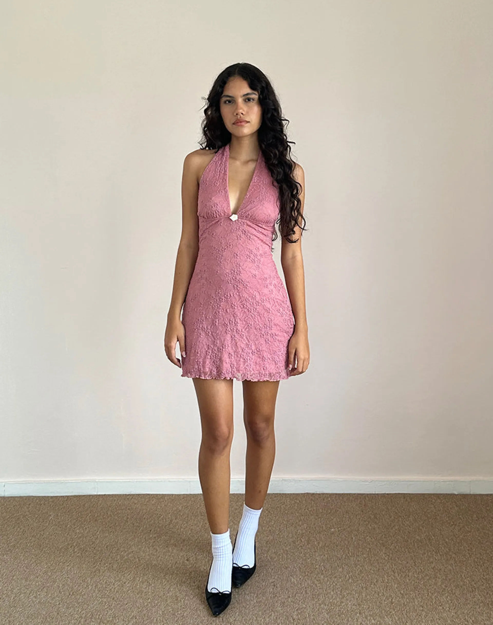 Motel Rocks Day Dresses | Bodycon Dresses-Codami Halterneck Mini Dress in Lace Dusty Rose LaceDustyRose