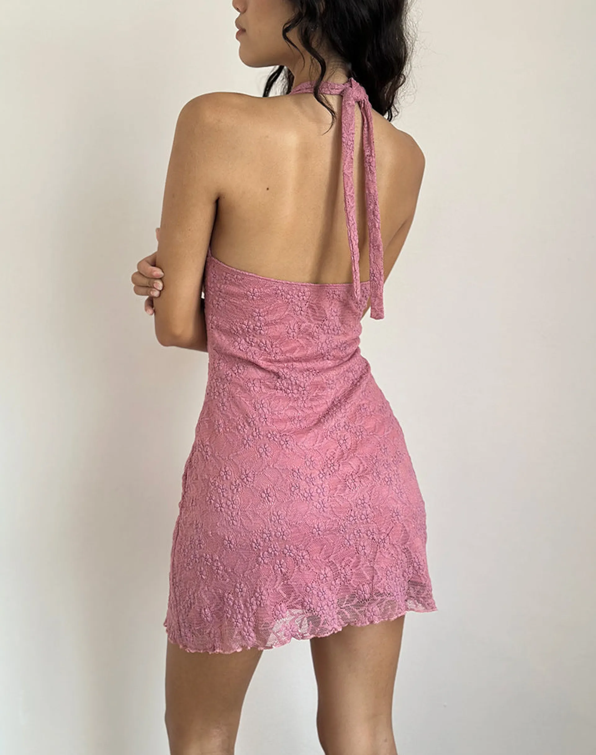 Motel Rocks Day Dresses | Bodycon Dresses-Codami Halterneck Mini Dress in Lace Dusty Rose LaceDustyRose