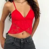 Motel Rocks Strappy Tops | Lace Tops-Cojira Lace Butterfly Top in Big Rose Red
