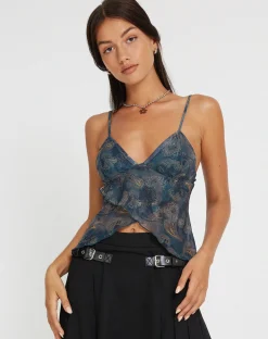 Motel Rocks Printed Tops | Strappy Tops-Cojira Mesh Butterfly Top in Tonal Blue Paisley TonalBluePaisley