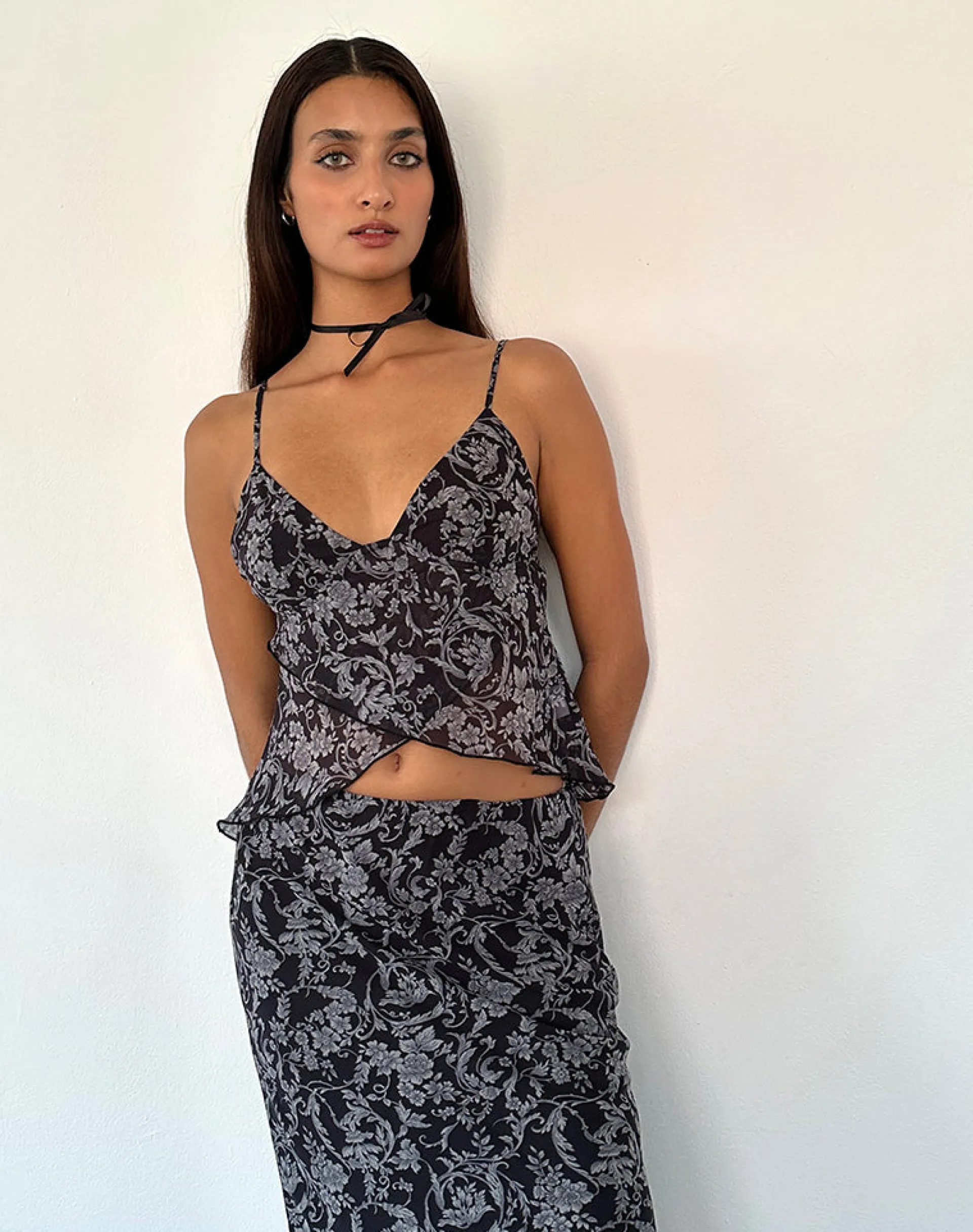 Motel Rocks Printed Tops | Strappy Tops-Cojira Mesh Butterfly Top in Black Baroque Print BlackBaroquePrint