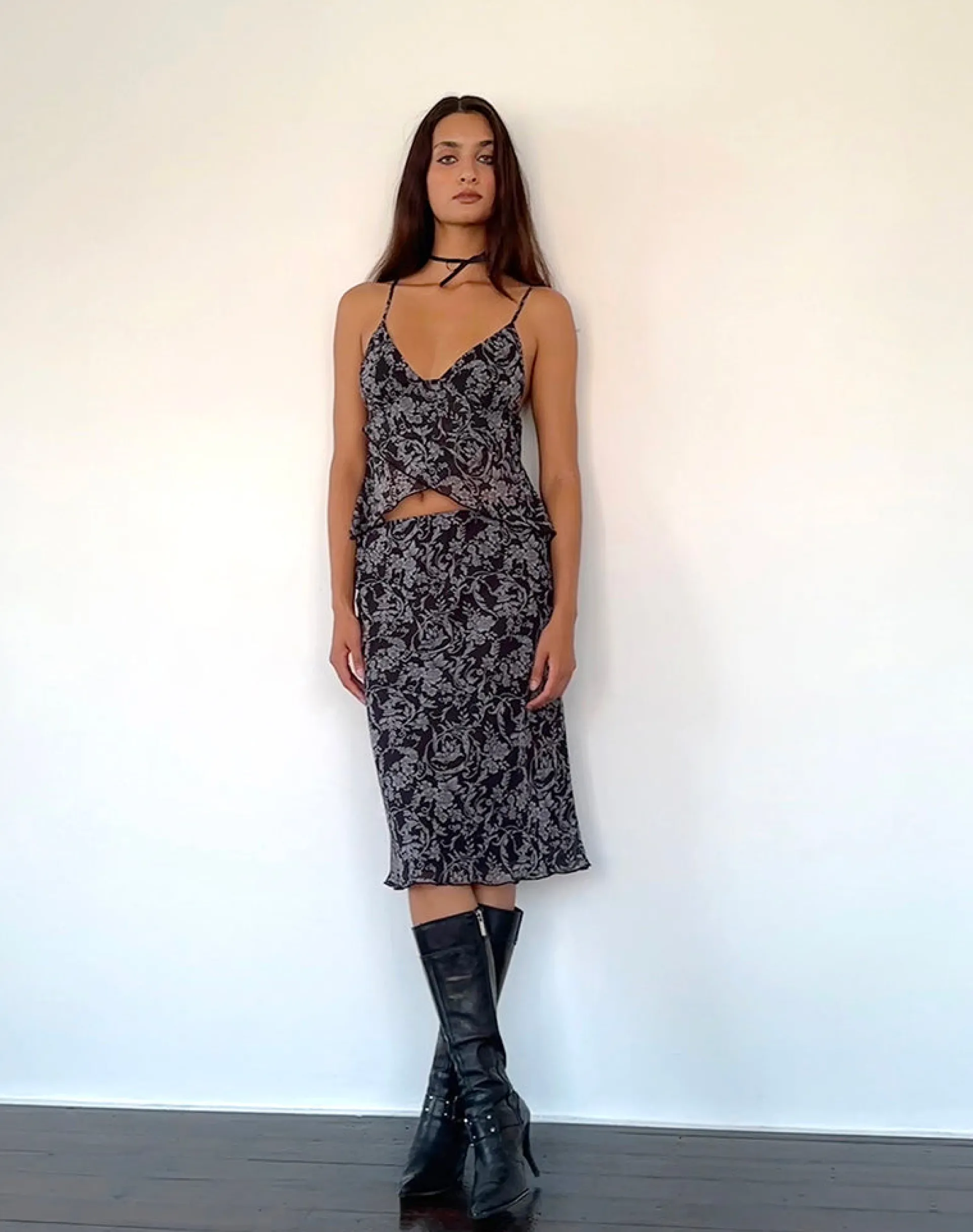 Motel Rocks Printed Tops | Strappy Tops-Cojira Mesh Butterfly Top in Black Baroque Print BlackBaroquePrint
