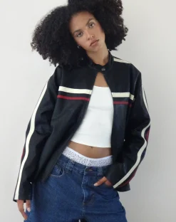 Motel Rocks Pu Jackets-Colton Jacket in PU Black with Ivory and Red Stripe PUBlackwithIvoryandRedStripe