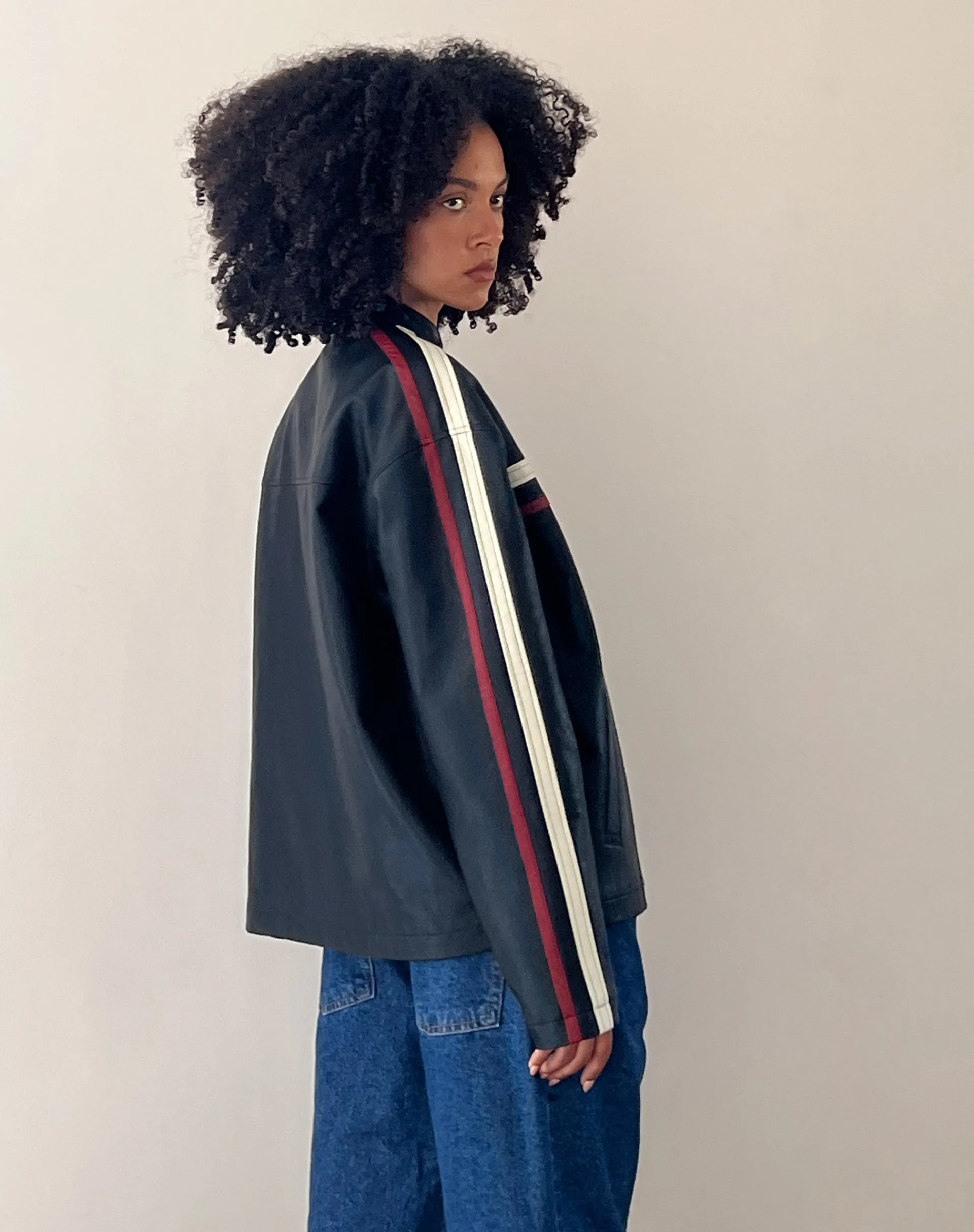 Motel Rocks Pu Jackets-Colton Jacket in PU Black with Ivory and Red Stripe PUBlackwithIvoryandRedStripe