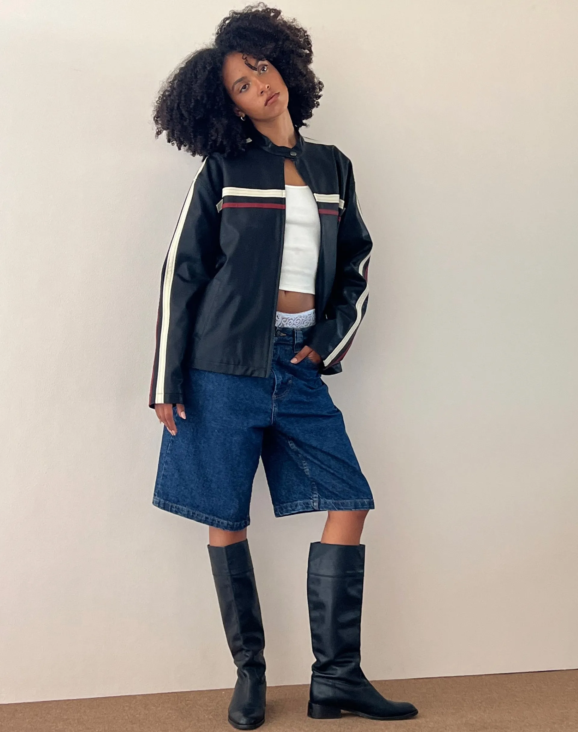 Motel Rocks Pu Jackets-Colton Jacket in PU Black with Ivory and Red Stripe PUBlackwithIvoryandRedStripe