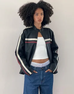 Motel Rocks Pu Jackets-Colton Jacket in PU Black with Ivory and Red Stripe PUBlackwithIvoryandRedStripe