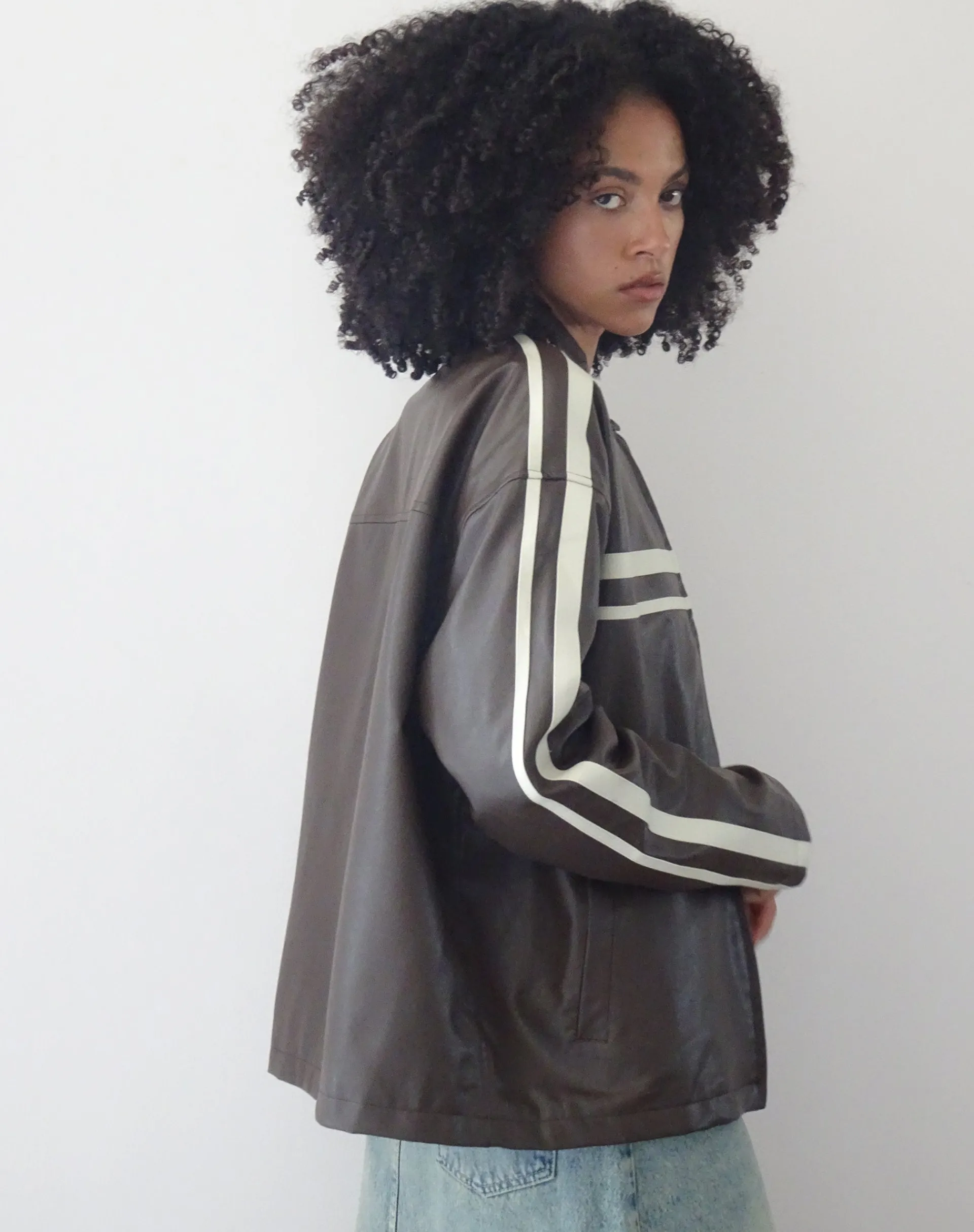 Motel Rocks Jackets-Colton Jacket in PU Chocolate with Ivory Stripe PUChocolate