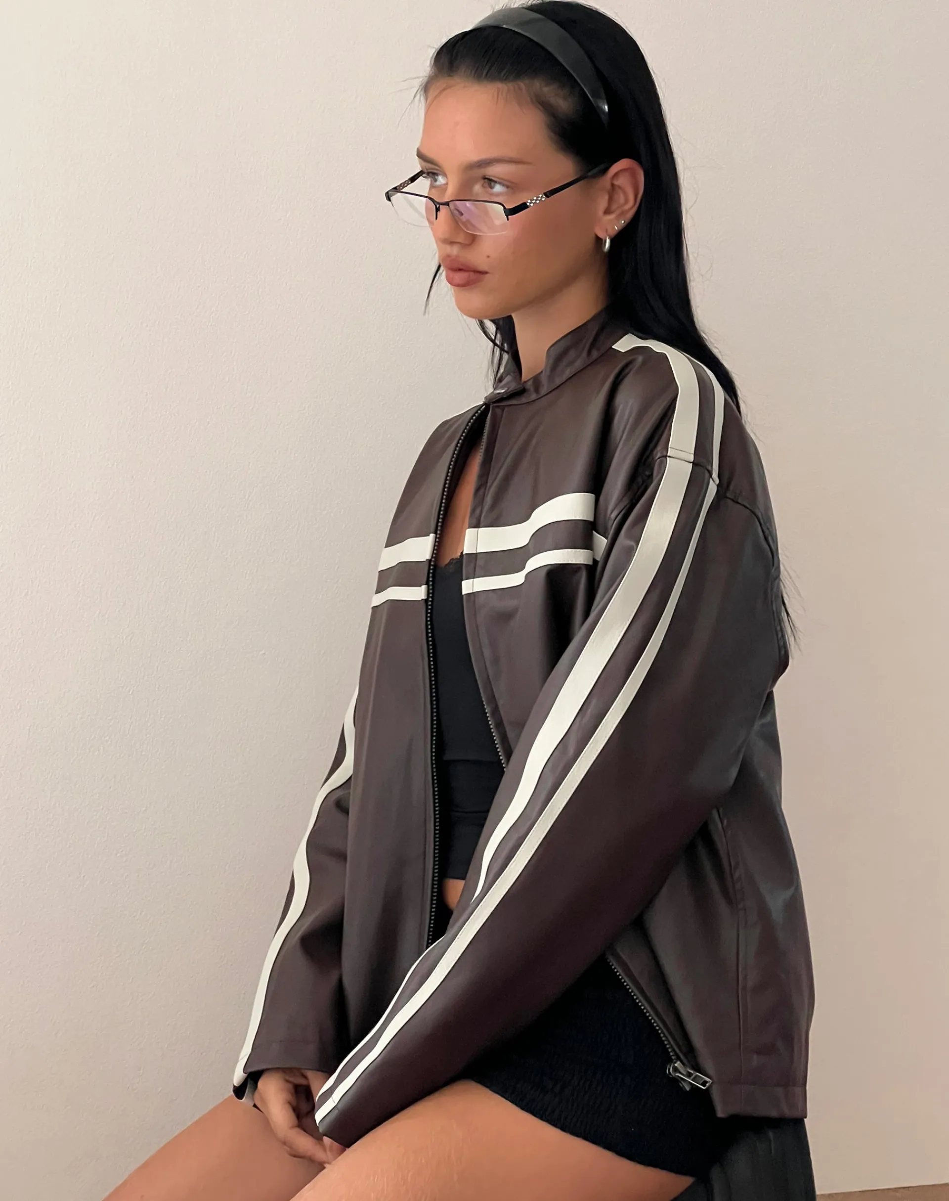 Motel Rocks Jackets-Colton Jacket in PU Chocolate with Ivory Stripe PUChocolate