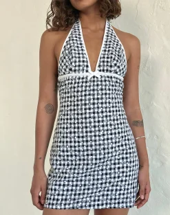 Motel Rocks Basics | Printed Dresses-Corla Mini Dress in Black Floral Gingham BlackFloralGingham