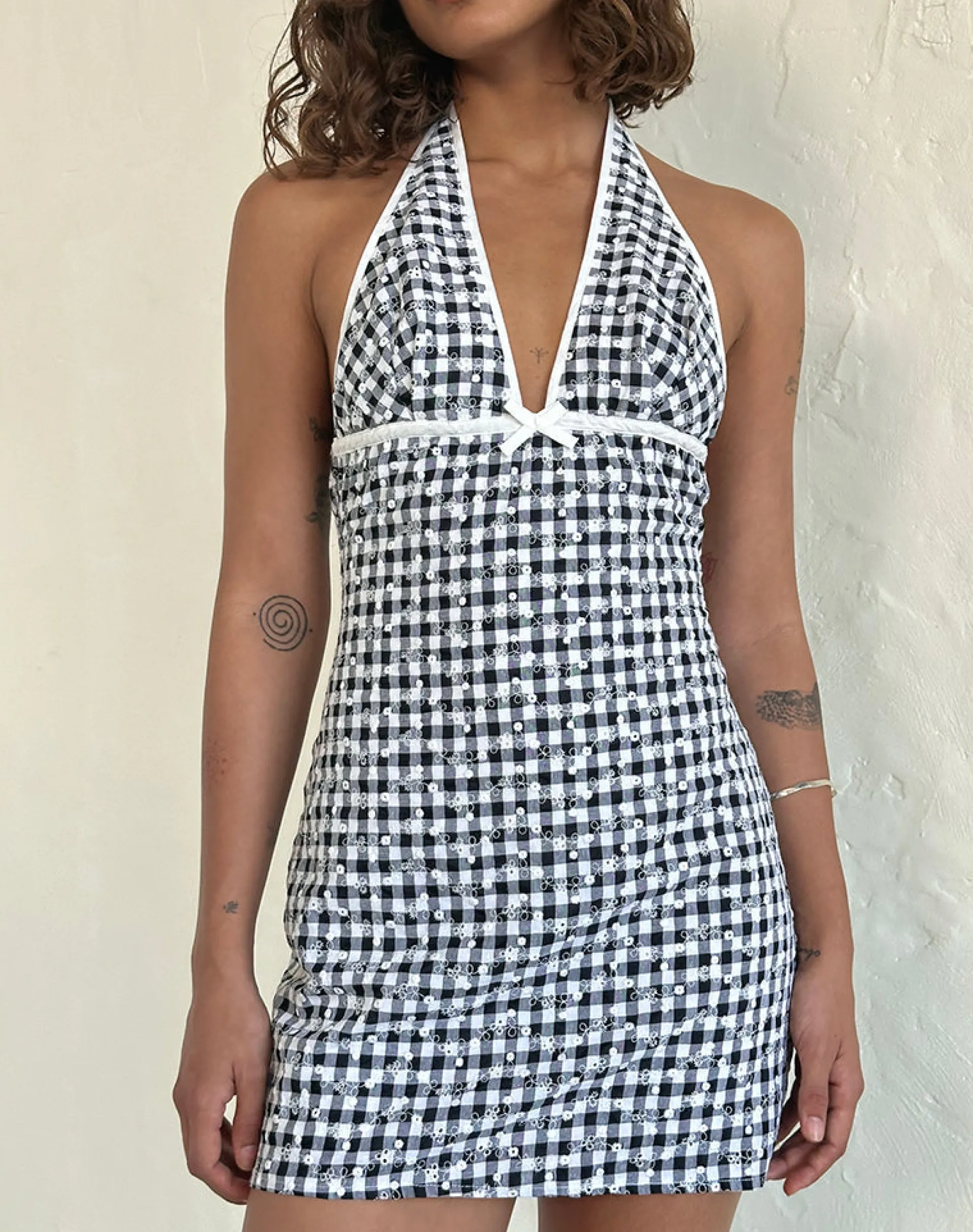 Motel Rocks Basics | Printed Dresses-Corla Mini Dress in Black Floral Gingham BlackFloralGingham