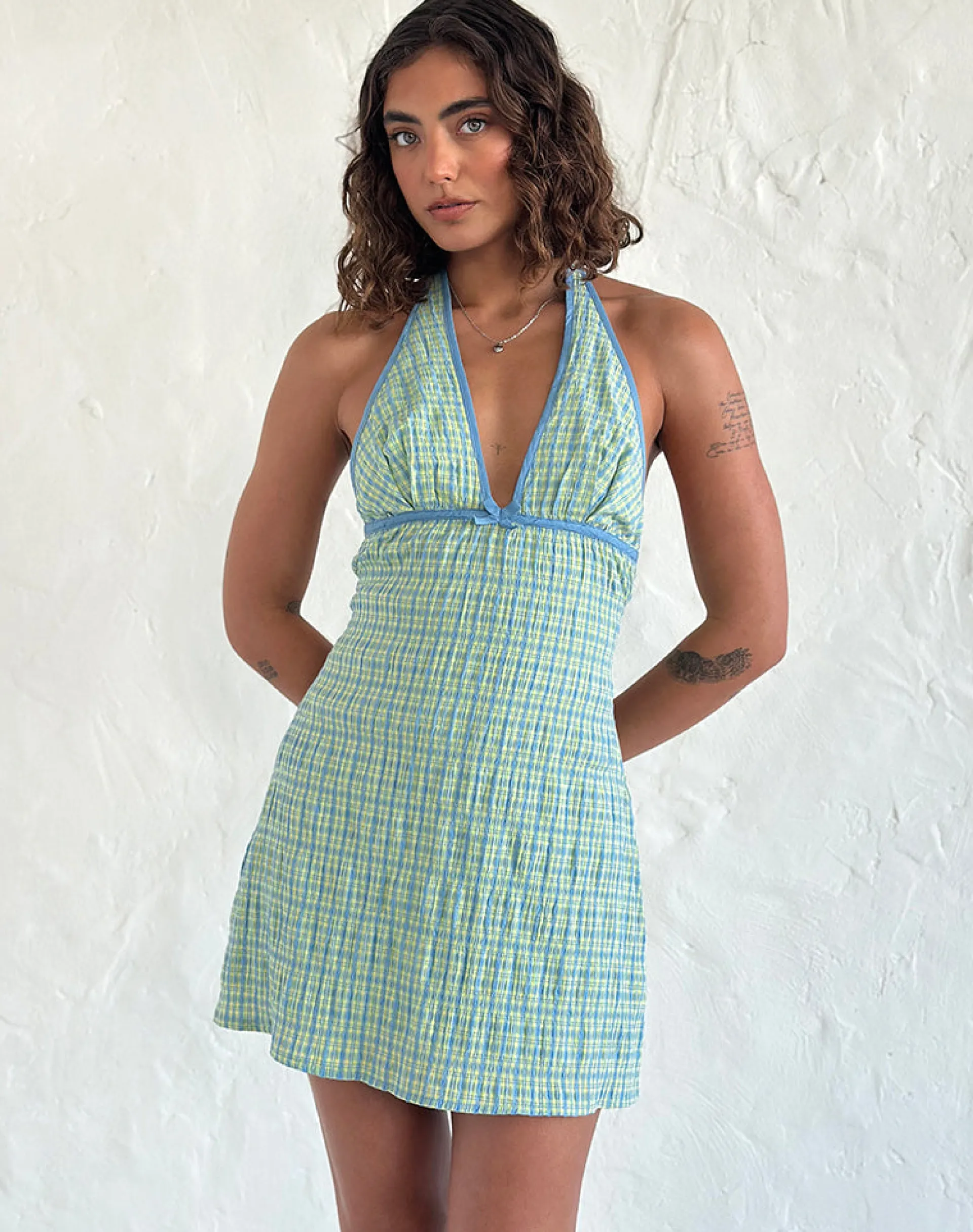 Motel Rocks Printed Dresses | Bodycon Dresses-Corla Mini Dress in Check Green CheckGreen
