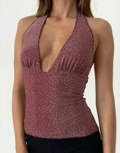 Motel Rocks Halterneck Tops | Sequin Tops-Cosimo Halter Top in Dotty Lurex Pink DottyLurexPink