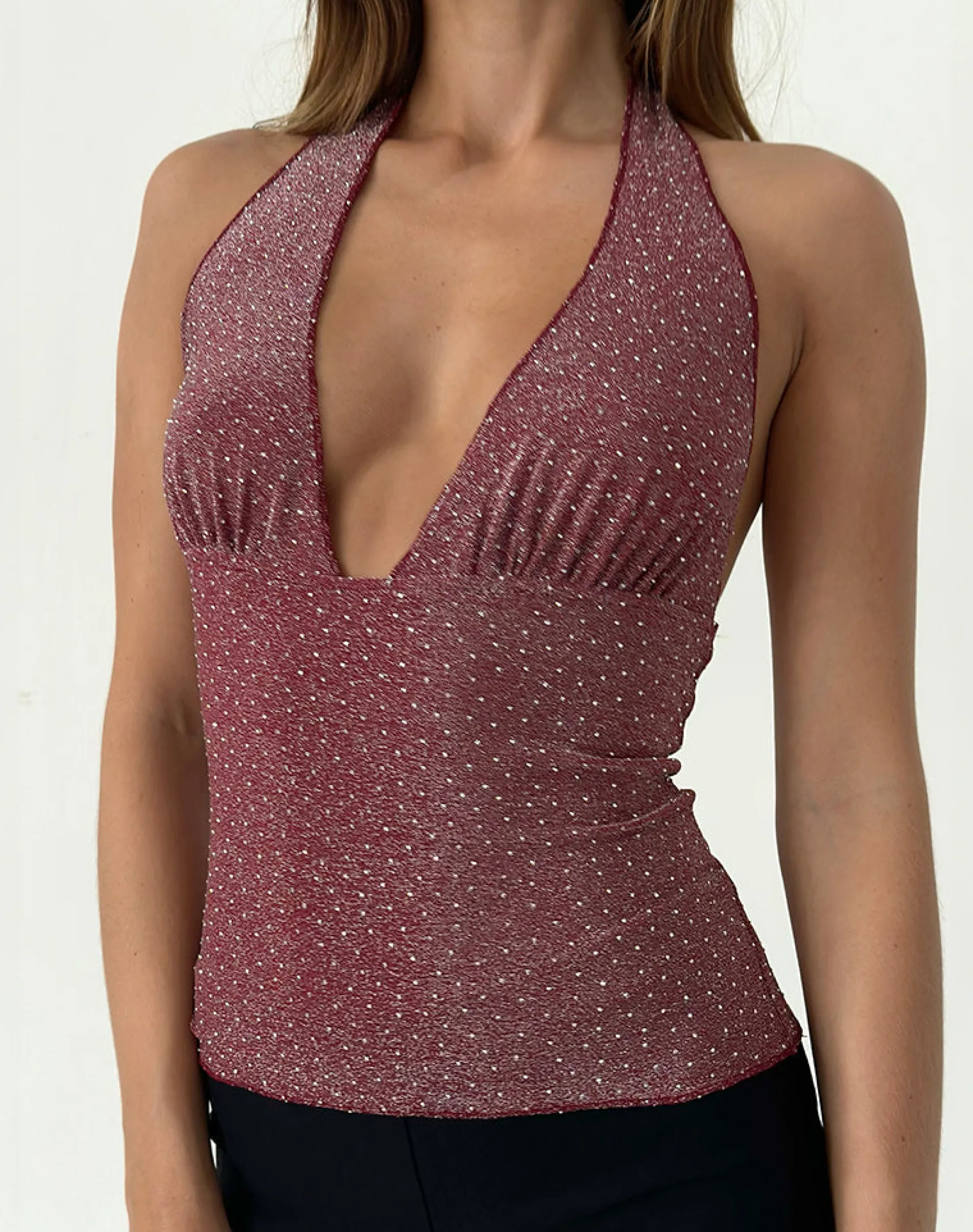 Motel Rocks Halterneck Tops | Sequin Tops-Cosimo Halter Top in Dotty Lurex Pink DottyLurexPink