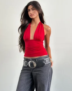 Motel Rocks Halterneck Tops | Going Out Tops-Cosimo Halterneck Top in Red