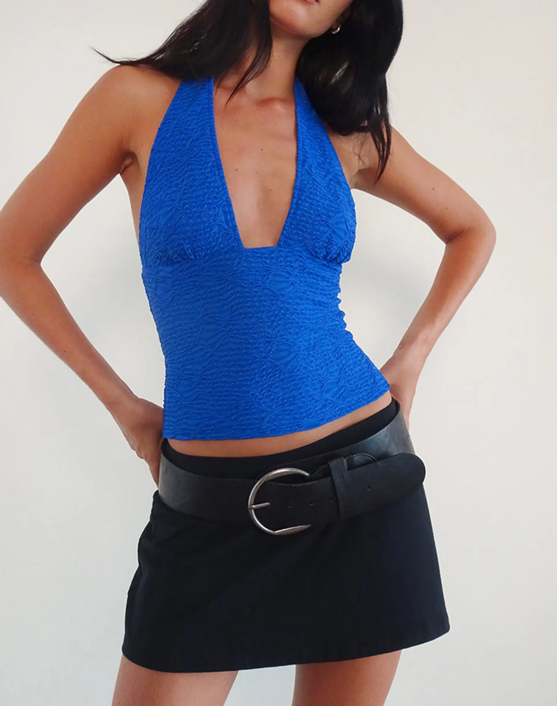 Motel Rocks Halterneck Tops | Going Out Tops-Cosimo Halterneck Top in Textured Mesh Blue TexturedMeshBlue
