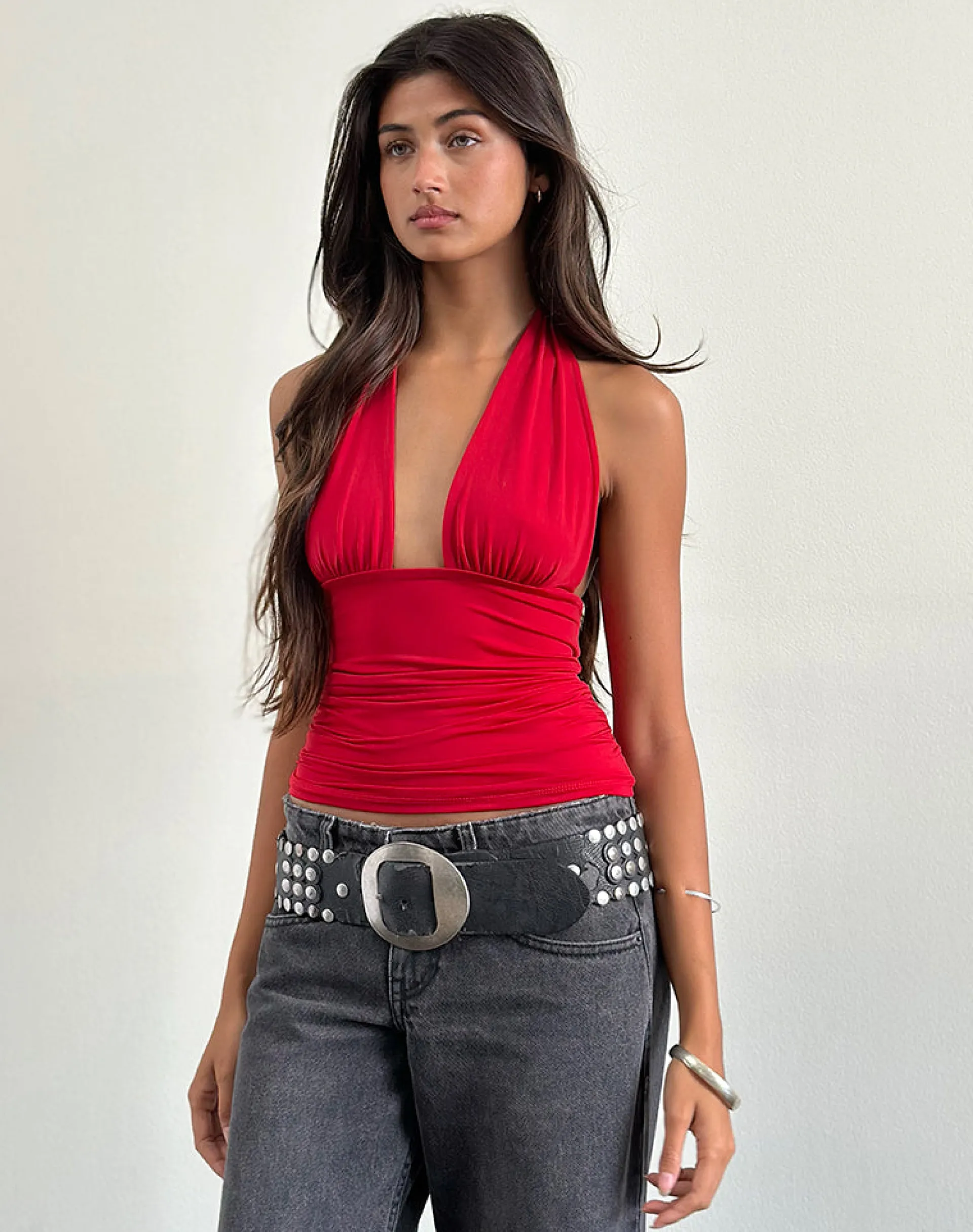 Motel Rocks Halterneck Tops | Going Out Tops-Cosimo Halterneck Top in Red