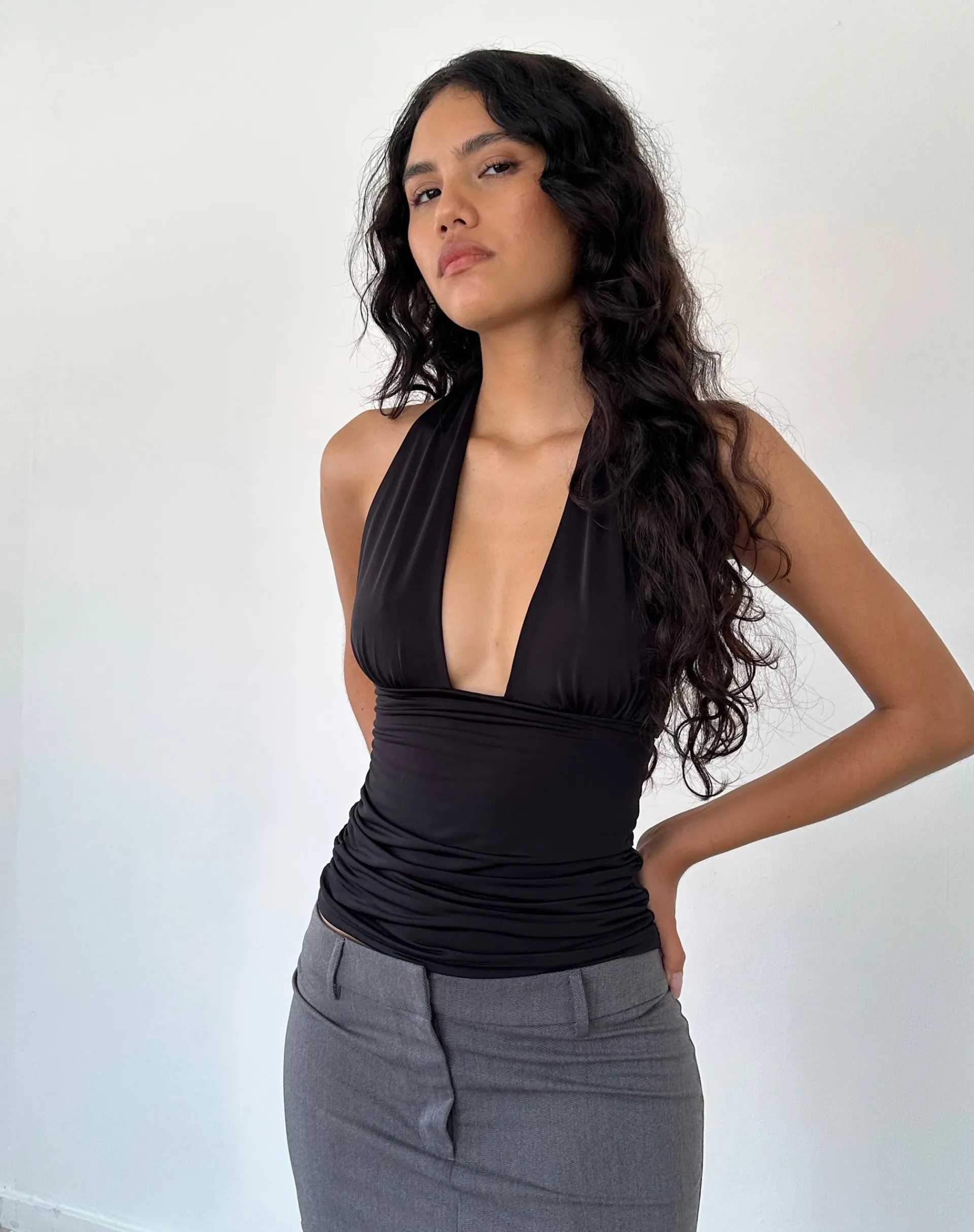 Motel Rocks Halterneck Tops-Cosimo Plunge Halterneck Top in Black Slinky BlackSlinky